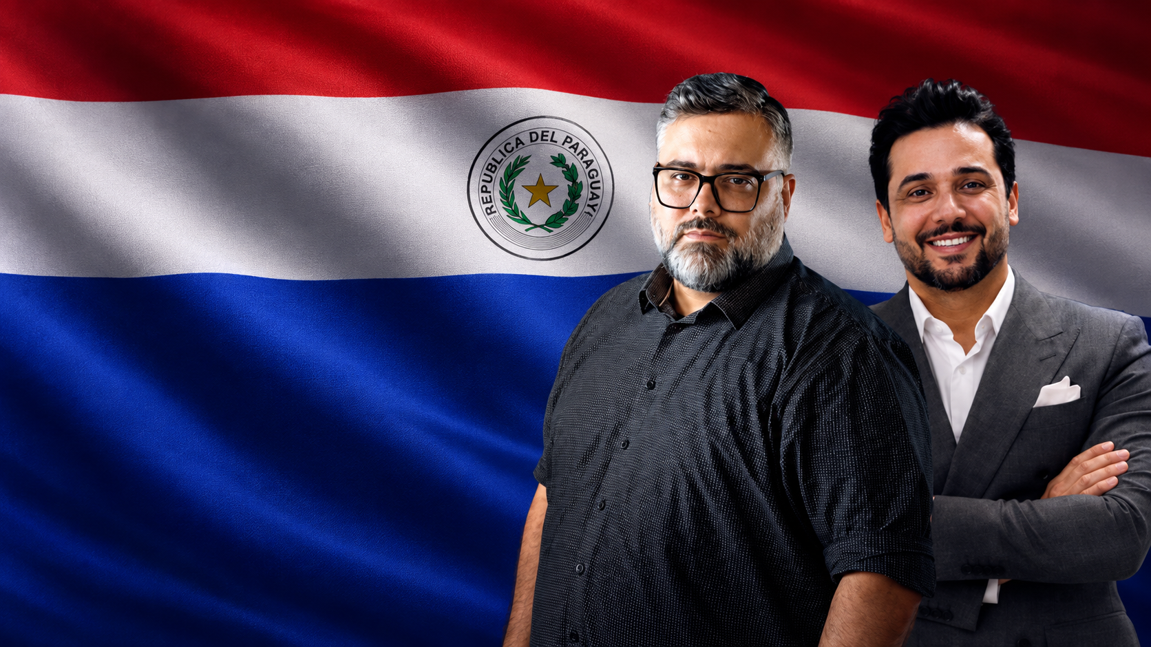 Anfitriões diante da bandeira do Paraguai